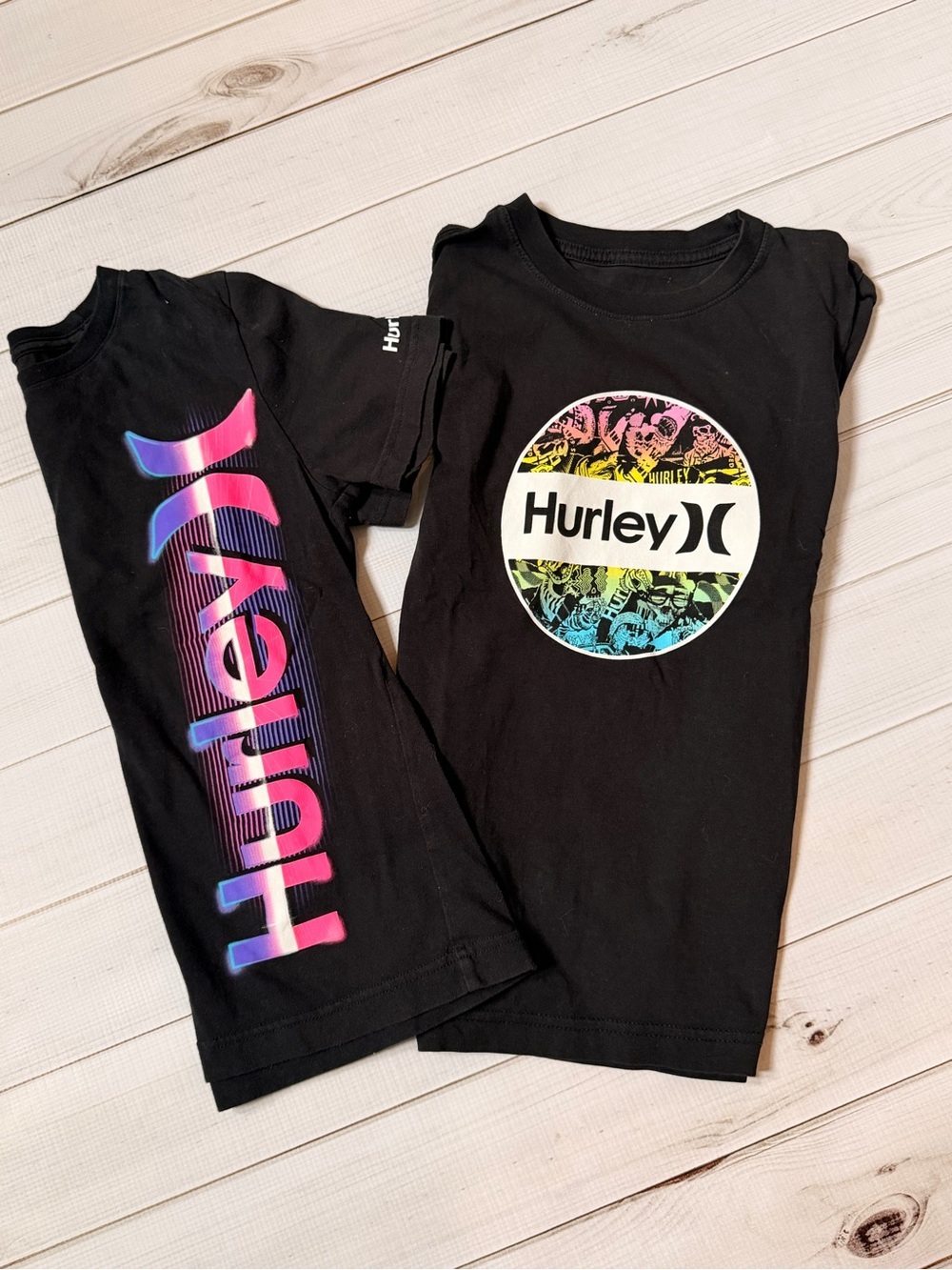 Hurley Black Tee with Multicolor Logo and Side Script size 8-10